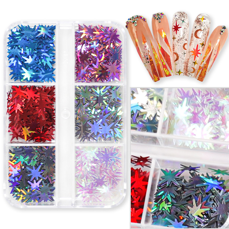 6 mreža New Star Nail Art Svjetlucave šljokice Boja lasera Zvjezdano nebo Mjesečeve pahuljice Pribor za nokte za manikuru Profesionalni dodaci