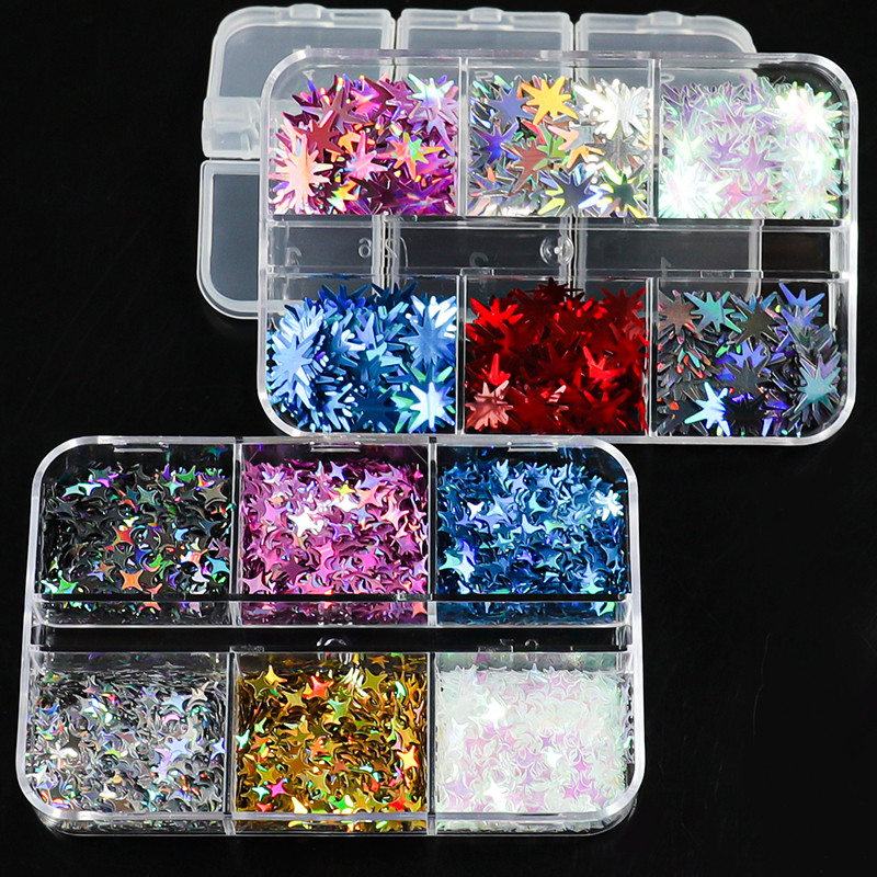 6 mreža New Star Nail Art Svjetlucave šljokice Boja lasera Zvjezdano nebo Mjesečeve pahuljice Pribor za nokte za manikuru Profesionalni dodaci