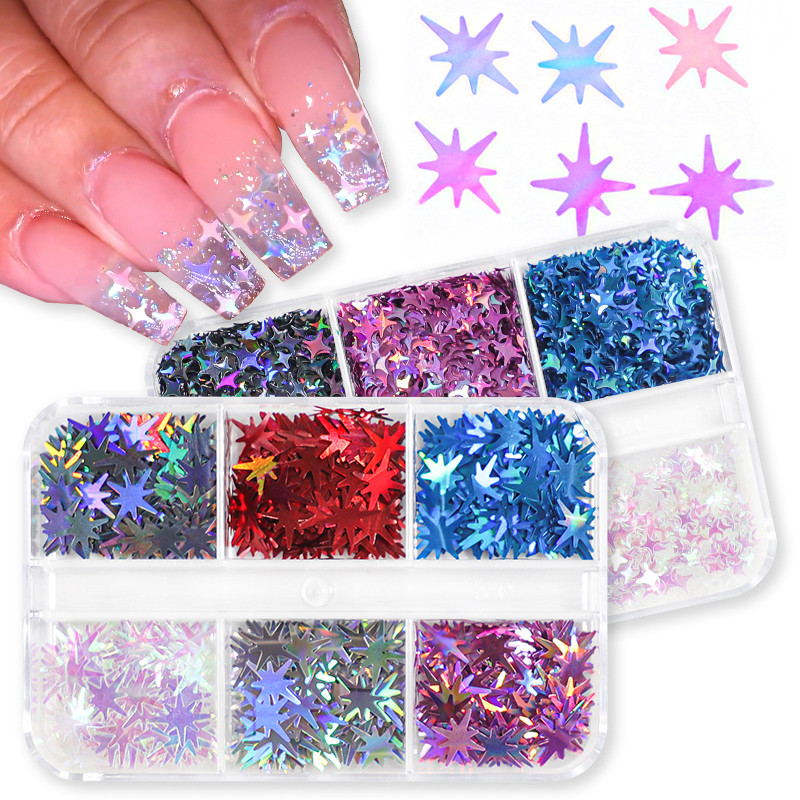 6 mreža New Star Nail Art Svjetlucave šljokice Boja lasera Zvjezdano nebo Mjesečeve pahuljice Pribor za nokte za manikuru Profesionalni dodaci