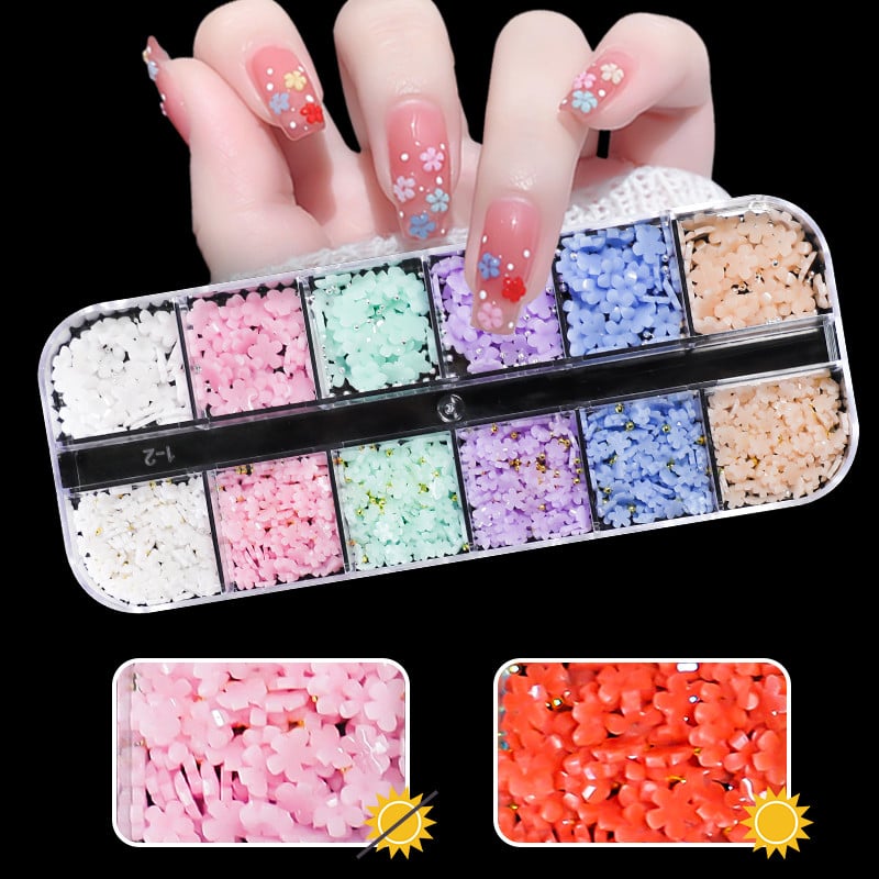 12 rácsos UV napfény színváltás virág körömdísz dekor fényérzékeny Macaroon Floret 3D kiegészítő készlet köröm dekorációs kellék