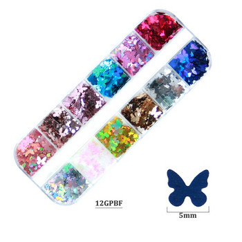 12 цвята холографски метален блясък за нокти, люспи във формата на пеперуда, цветни лазерни пайети, дизайн на ноктите, аксесоари за декорация