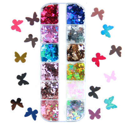 12 Χρώματα Holographic Metallic Nail Glitter Σχήμα πεταλούδας Νιφάδες Πολύχρωμες παγιέτες laser Αξεσουάρ διακόσμησης νυχιών Art Design