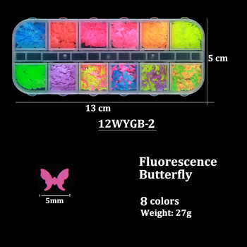 12 решетки Флуоресцентна форма на пеперуда Пайети за нокти 3D цветни блестящи люспи Полски маникюр Декорация Направи си сам Аксесоари за нокти