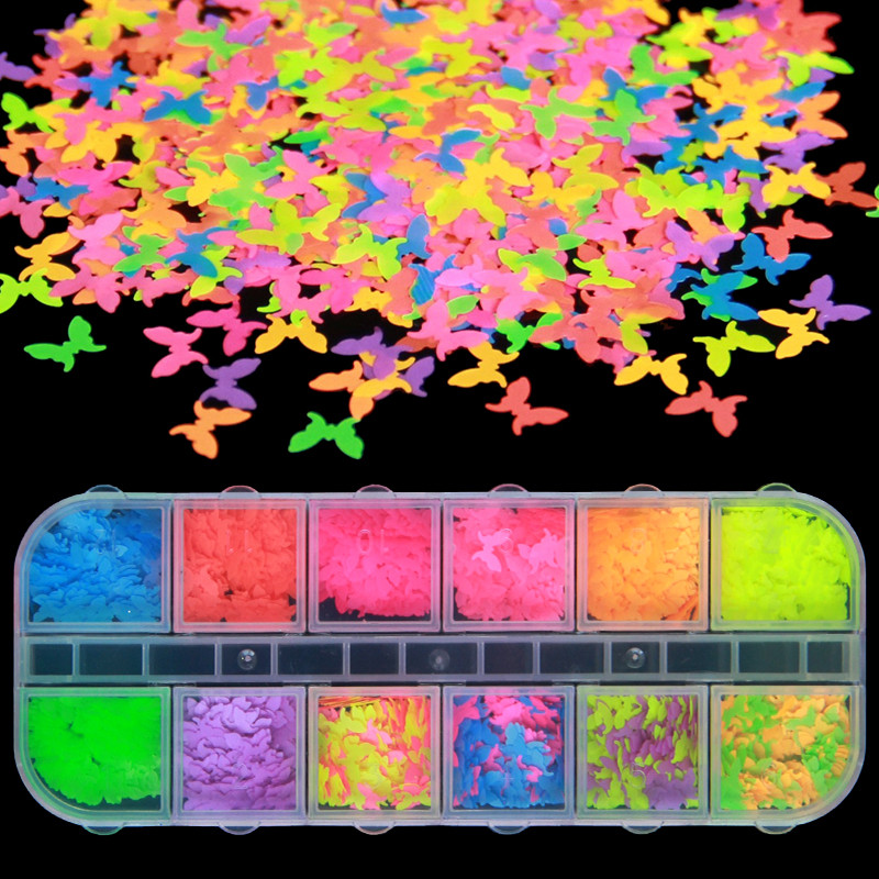 12 rács fluoreszcens pillangó alakú köröm flitterek 3D színes csillogó pelyhek lakk manikűr dekoráció barkács köröm kiegészítők