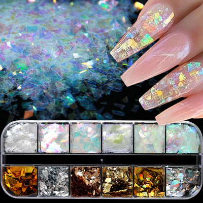 12 решетки Русалка блясък за нокти Aurora AB люспи Холографски пайети Paillette Slices Polish Manicure Nails Art Pigment Decoration