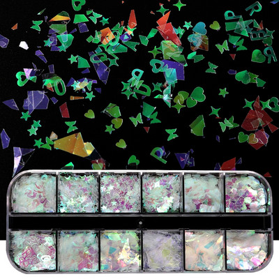 12 rács Mermaid Köröm Csillogó Aurora AB Pelyhek Holografikus flitterek Paillette Szeletek Polír Manikűr Köröm Art Pigment Dekoráció