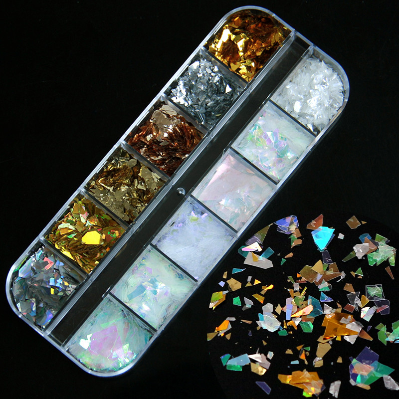 12 rács Mermaid Köröm Csillogó Aurora AB Pelyhek Holografikus flitterek Paillette Szeletek Polír Manikűr Köröm Art Pigment Dekoráció