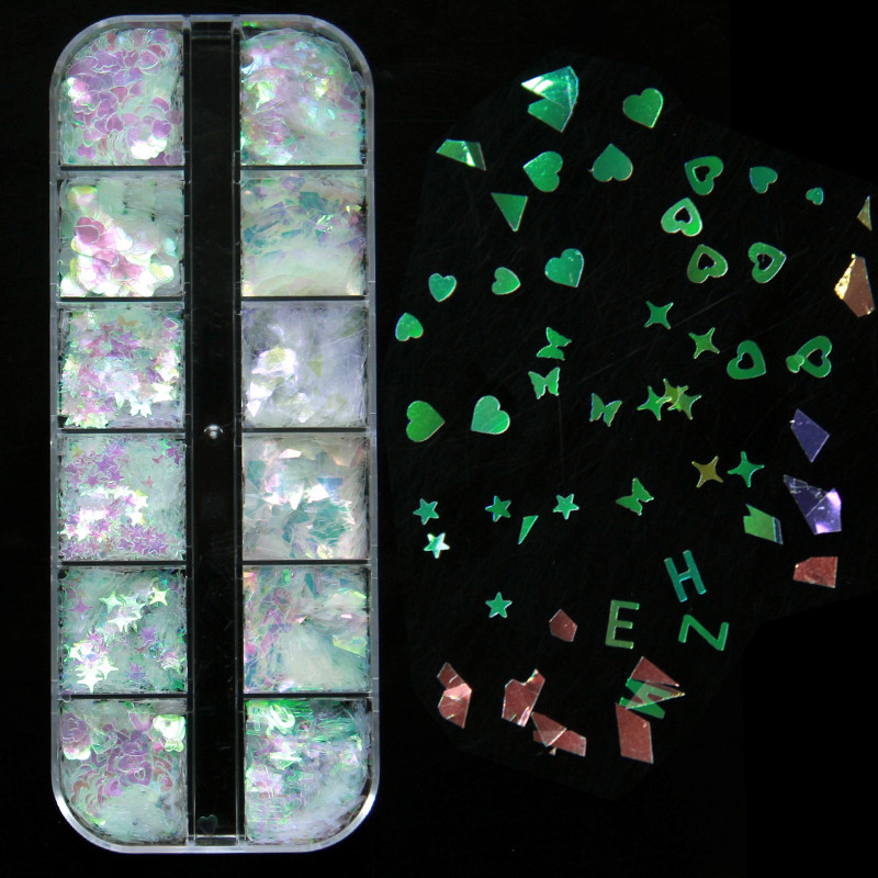 12 rács Mermaid Köröm Csillogó Aurora AB Pelyhek Holografikus flitterek Paillette Szeletek Polír Manikűr Köröm Art Pigment Dekoráció