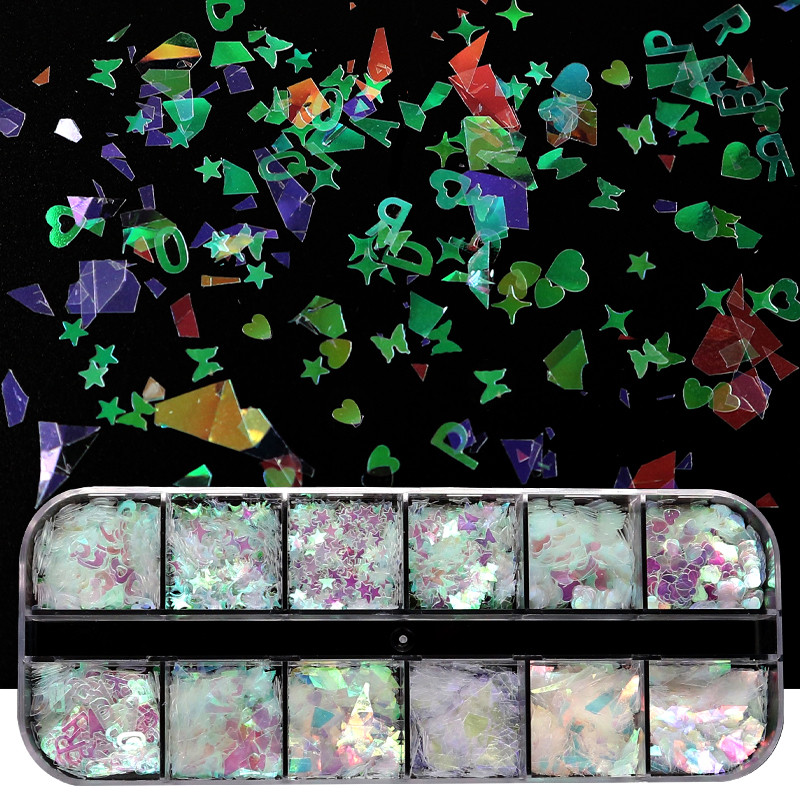 12 rács Mermaid Köröm Csillogó Aurora AB Pelyhek Holografikus flitterek Paillette Szeletek Polír Manikűr Köröm Art Pigment Dekoráció