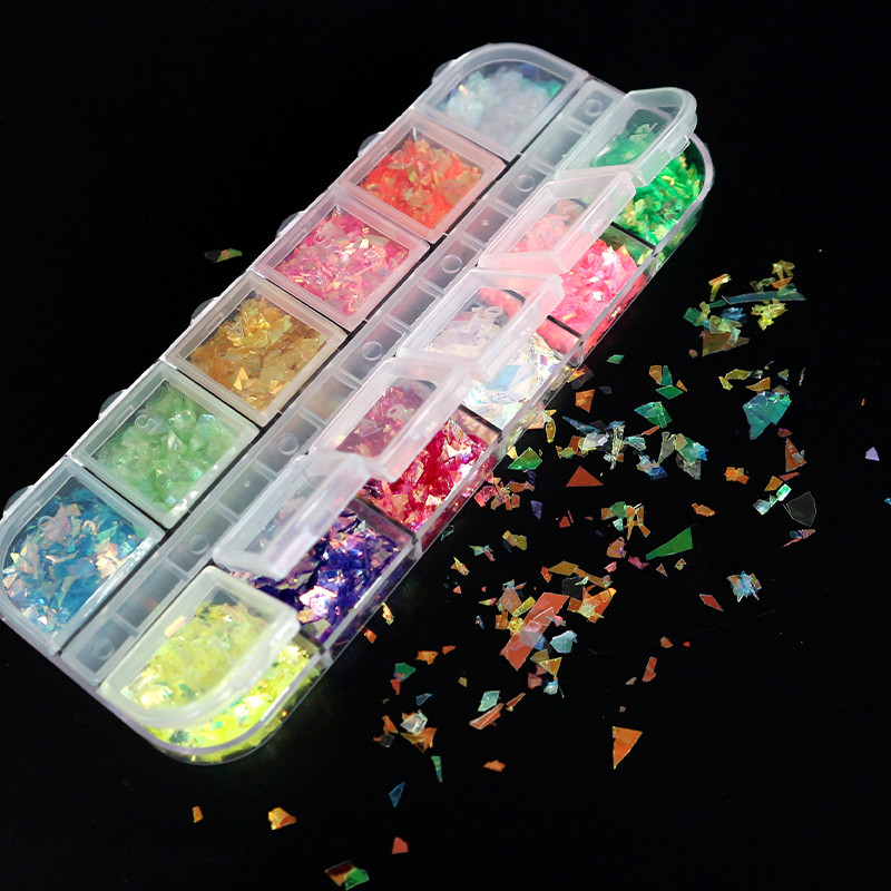 12 rács Mermaid Köröm Csillogó Aurora AB Pelyhek Holografikus flitterek Paillette Szeletek Polír Manikűr Köröm Art Pigment Dekoráció