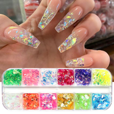 12Rács/doboz 3D pelyhek Fluoreszkáló köröm flitterek Sparkly Paillette Nail Art Vaskos csillogó dekorációk DIY manikűr kiegészítők