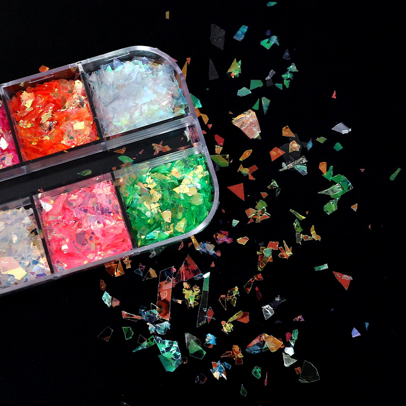 12Rács/doboz 3D pelyhek Fluoreszkáló köröm flitterek Sparkly Paillette Nail Art Vaskos csillogó dekorációk DIY manikűr kiegészítők