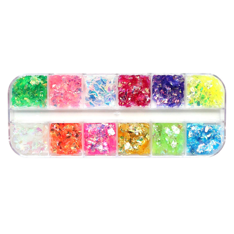 12Rács/doboz 3D pelyhek Fluoreszkáló köröm flitterek Sparkly Paillette Nail Art Vaskos csillogó dekorációk DIY manikűr kiegészítők