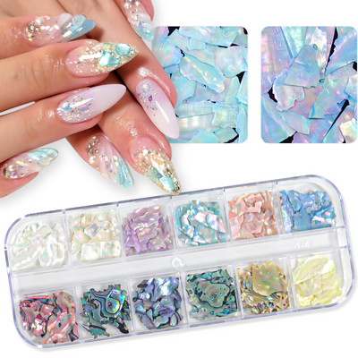 12 rács Abalone Sea Shell körömdíszítés természetes kő 3D szabálytalan szelet töredékek pelyhek körömbűvek manikűr kiegészítők