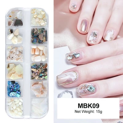 12 rács Abalone Sea Shell körömdíszítés természetes kő 3D szabálytalan szelet töredékek pelyhek körömbűvek manikűr kiegészítők