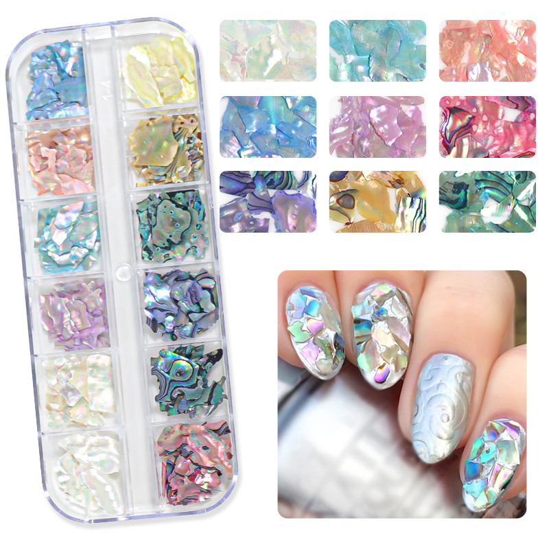 12 rács Abalone Sea Shell körömdíszítés természetes kő 3D szabálytalan szelet töredékek pelyhek körömbűvek manikűr kiegészítők