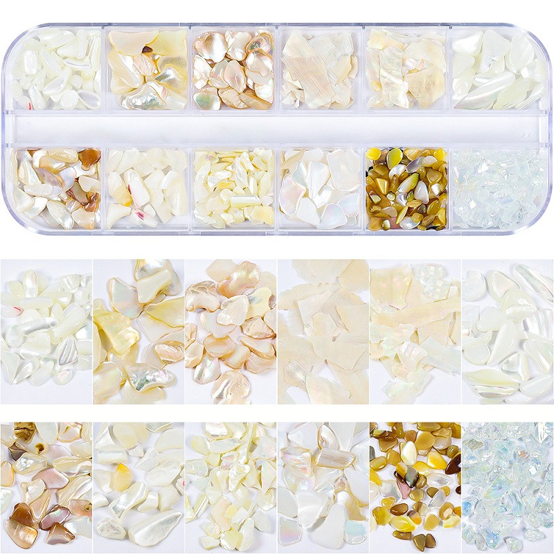 12 rács Abalone Sea Shell körömdíszítés természetes kő 3D szabálytalan szelet töredékek pelyhek körömbűvek manikűr kiegészítők