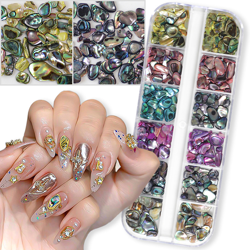 12 rács Abalone Sea Shell körömdíszítés természetes kő 3D szabálytalan szelet töredékek pelyhek körömbűvek manikűr kiegészítők