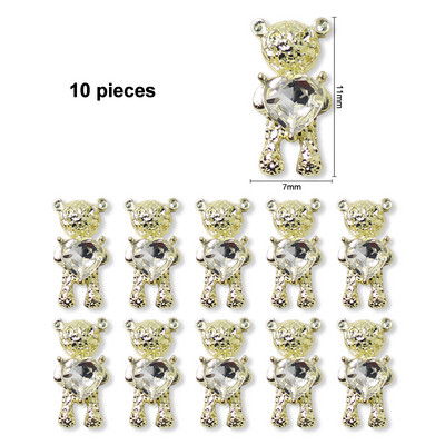 10 buc/lot urs din aliaj 3D cu inimă de cristal, decorare pentru unghii, unghii din metal, bijuterii, accesorii pentru manichiură, accesorii pentru unghii
