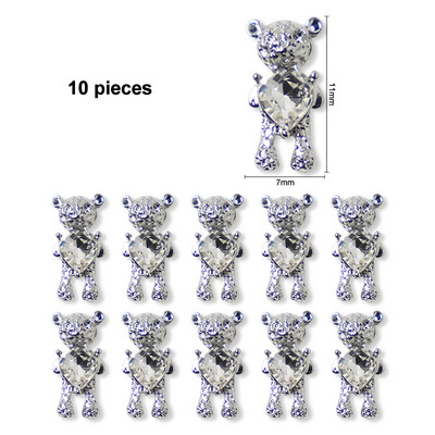10 buc/lot urs din aliaj 3D cu inimă de cristal, decorare pentru unghii, unghii din metal, bijuterii, accesorii pentru manichiură, accesorii pentru unghii