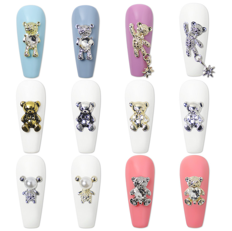 10 vnt./stal. 3D lydinio meškiukas su krištolo širdimi Nagų dailė Dekoracija Metaliniai nagai Pakabukai Papuošalai „Pasidaryk pats“ manikiūro priedai Nagų reikmenys