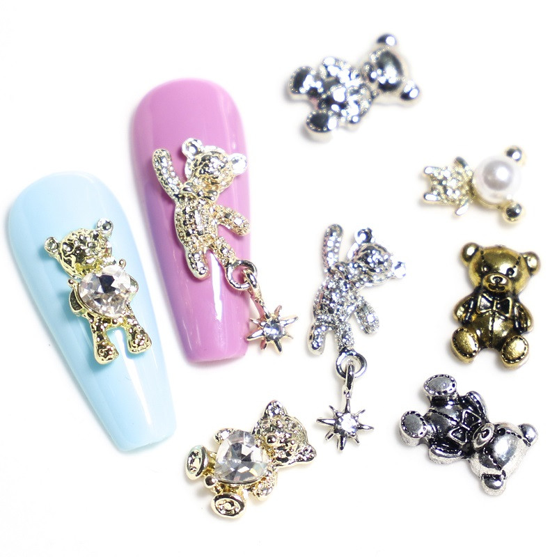 10 vnt./stal. 3D lydinio meškiukas su krištolo širdimi Nagų dailė Dekoracija Metaliniai nagai Pakabukai Papuošalai „Pasidaryk pats“ manikiūro priedai Nagų reikmenys