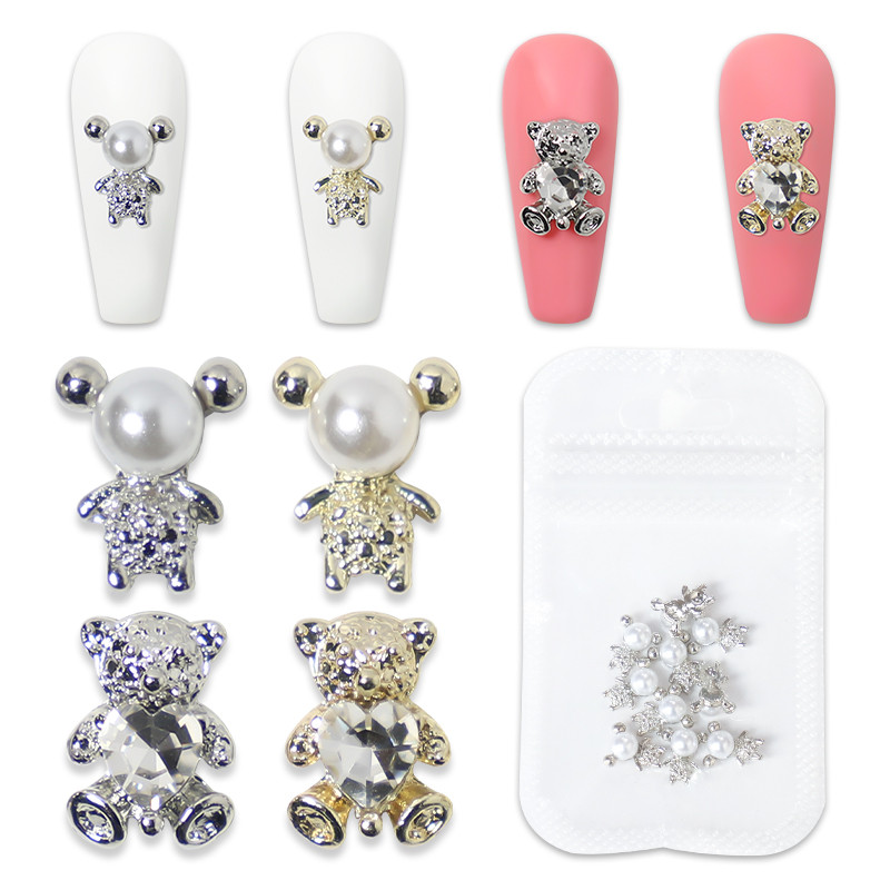 10 vnt./stal. 3D lydinio meškiukas su krištolo širdimi Nagų dailė Dekoracija Metaliniai nagai Pakabukai Papuošalai „Pasidaryk pats“ manikiūro priedai Nagų reikmenys