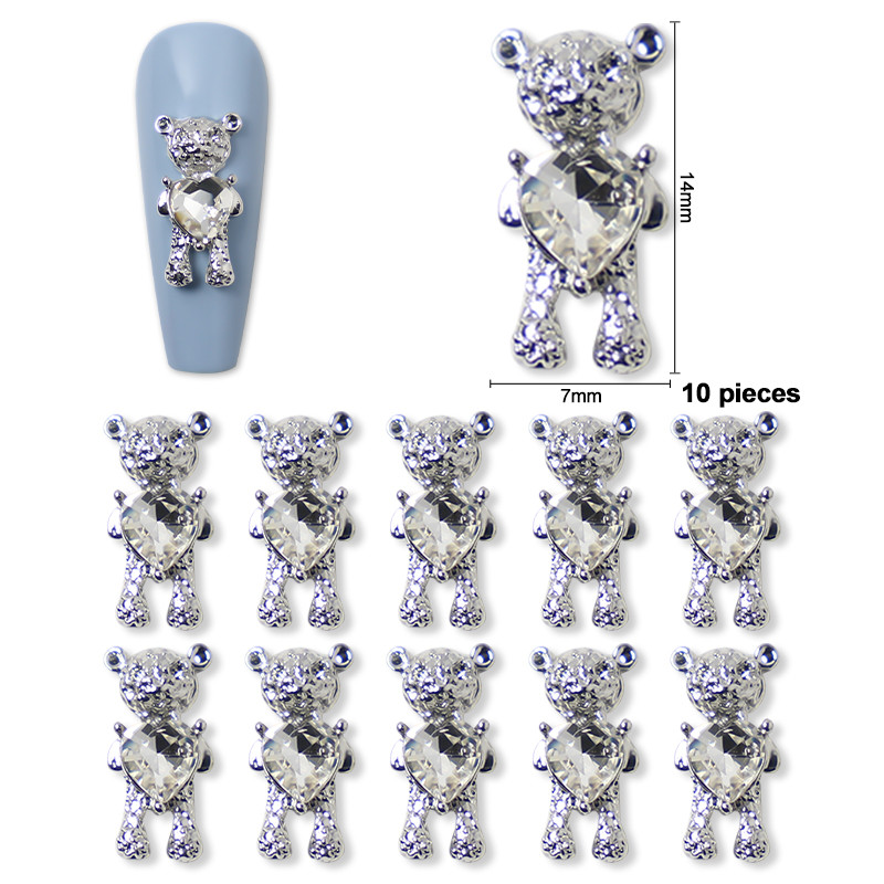 10 vnt./stal. 3D lydinio meškiukas su krištolo širdimi Nagų dailė Dekoracija Metaliniai nagai Pakabukai Papuošalai „Pasidaryk pats“ manikiūro priedai Nagų reikmenys