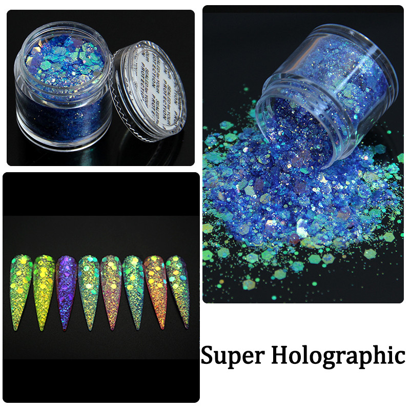 1 staklenka Super holografske šljokice za nokte Svjetlucavi zdepasti kameleonski šesterokutni pahuljice Paillette lak Manikura Svjetlucavi ukrasi za nokte