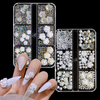 3D Aurora AB Акрилни цветя Nail Art Decoration White Florets Charms Design Crystal Gem Beads Rhinestone DIY Nails Accessories