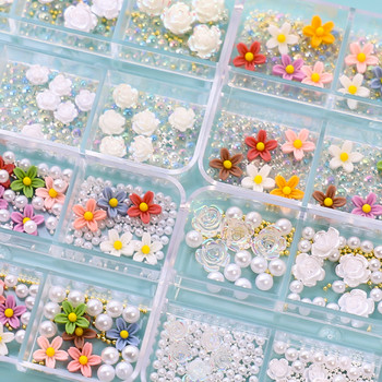 3D Aurora AB Акрилни цветя Nail Art Decoration White Florets Charms Design Crystal Gem Beads Rhinestone DIY Nails Accessories