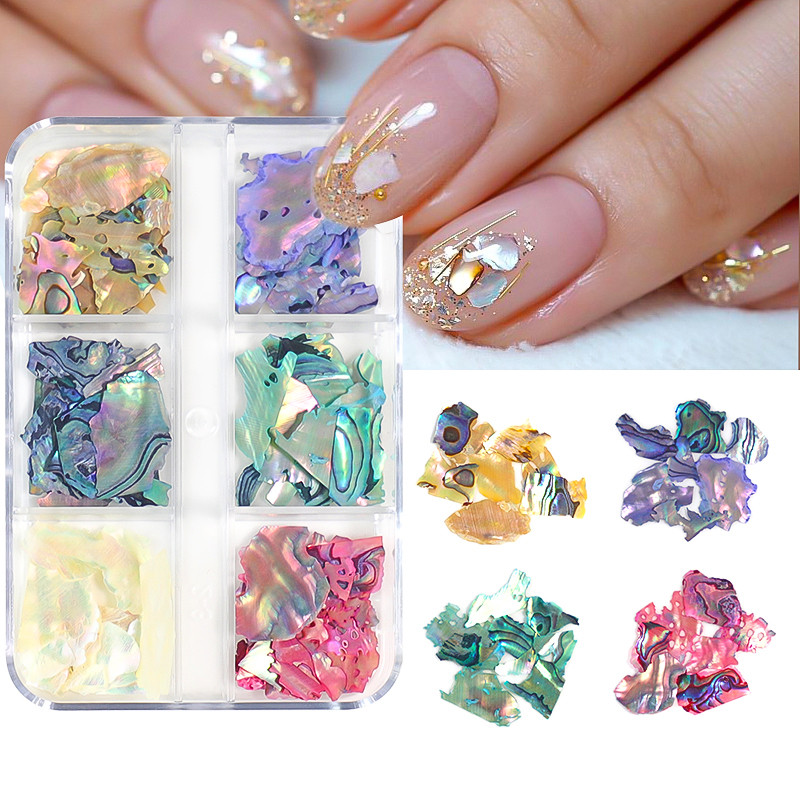 6 tinkleliai natūralūs abalone jūros kriauklės nagų dailės dekoravimas 3D netaisyklingo gabalo fragmentai tekstūros dribsniai nagų žavesiai manikiūro aksesuarai