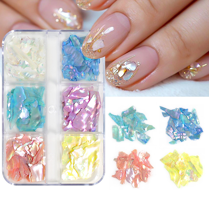 6 tinkleliai natūralūs abalone jūros kriauklės nagų dailės dekoravimas 3D netaisyklingo gabalo fragmentai tekstūros dribsniai nagų žavesiai manikiūro aksesuarai