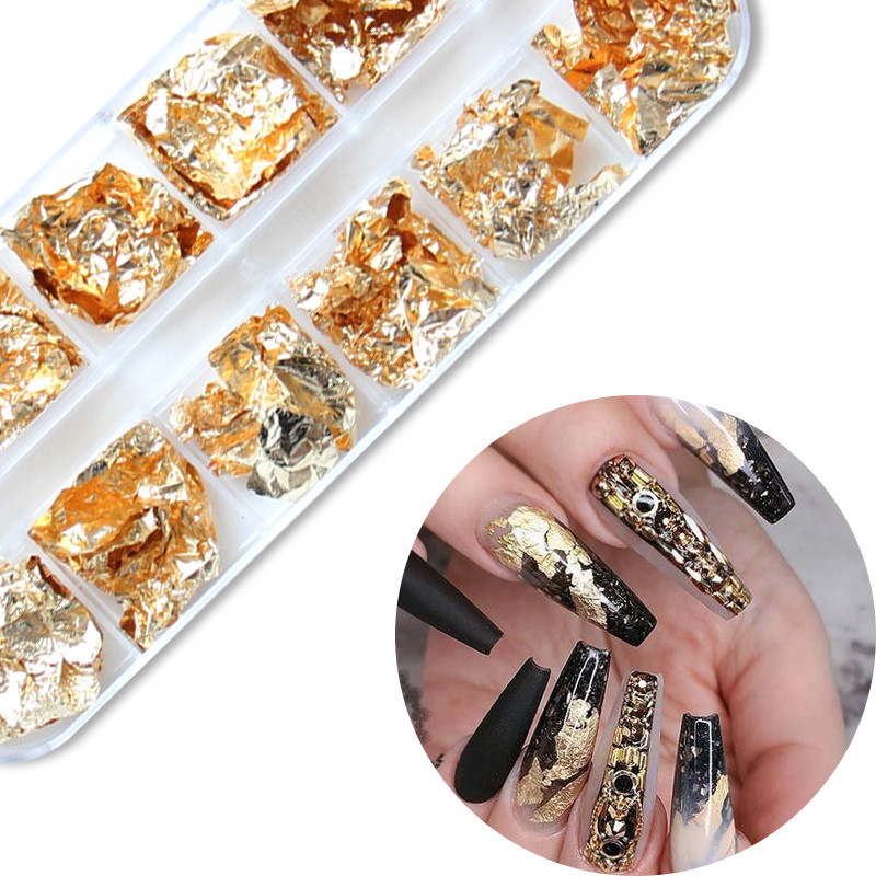 1 кутия Златни алуминиеви люспи Nail Art Glitter Paillette Пайети Неправилен пигмент Златно фолио Хартиени люспи Хромирани декорации за нокти