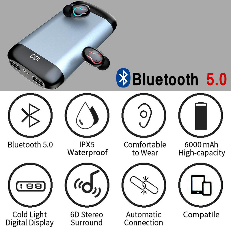 HBQ Q66 TWS Bluetooth 5.0 slušalice, bežične slušalice, sportske vodootporne stereo slušalice s dvostrukim mikrofonom, kućište za punjenje baterije od 6000 mAh