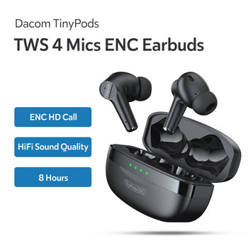 Dacom TinyPods ENC Bluetooth слушалка с 4 микрофона Безжични стерео слушалки IPX5 Спортни шумопотискащи слушалки Бас слушалки