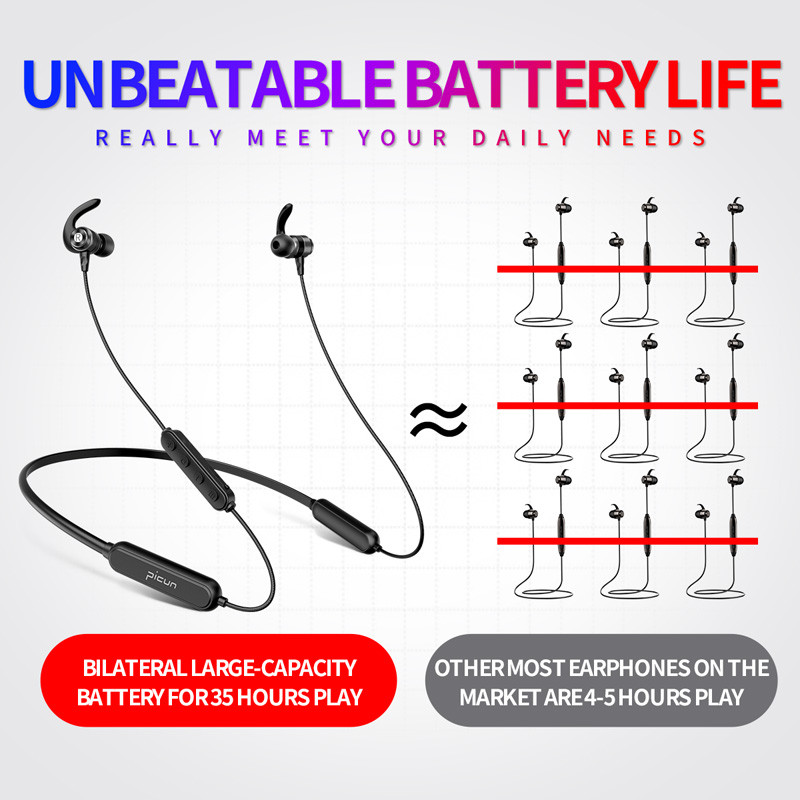 „Picun H18X“ belaidės „Bluetooth“ ausinės V5.0 IPX7, vandeniui atsparios sportinės ausinės, magnetinės konstrukcijos, kaklo juostos stereofoninės ausinės, skirtos telefono kompiuteriui