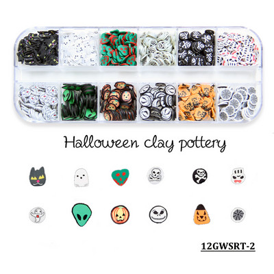 12 rešetki 3D Halloween Nail Art Šljokice Duh bundeva Lubanja Kriške od polimerske gline Pahuljice Ukrasi za nokte Pribor za manikuru