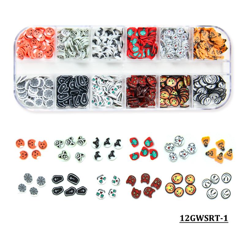 12 rešetki 3D Halloween Nail Art Šljokice Duh bundeva Lubanja Kriške od polimerske gline Pahuljice Ukrasi za nokte Pribor za manikuru