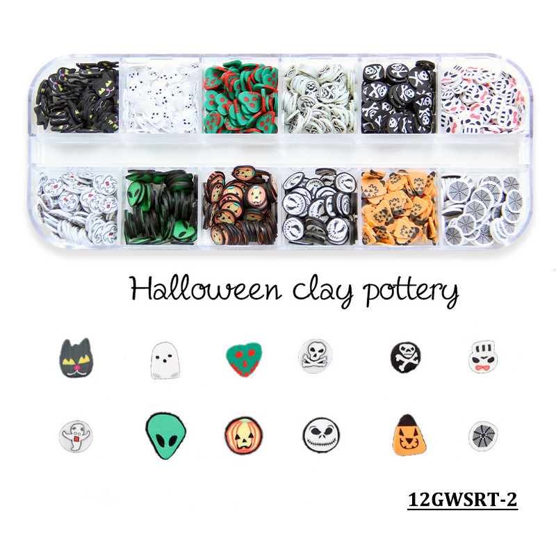 12 rešetki 3D Halloween Nail Art Šljokice Duh bundeva Lubanja Kriške od polimerske gline Pahuljice Ukrasi za nokte Pribor za manikuru