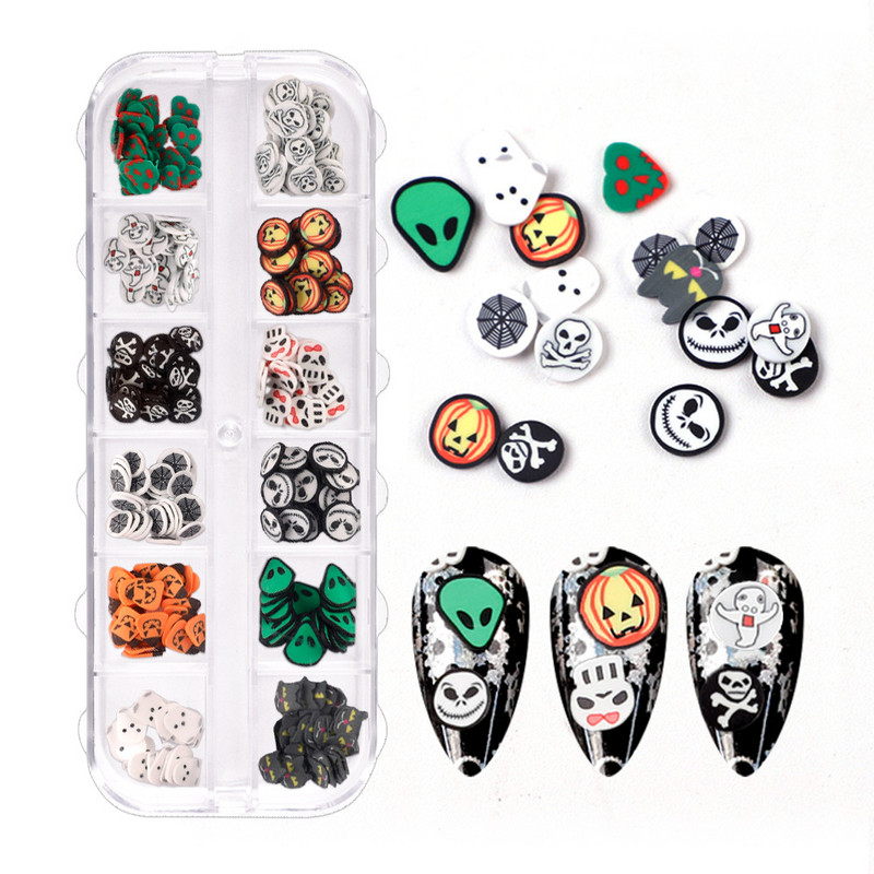 12 rešetki 3D Halloween Nail Art Šljokice Duh bundeva Lubanja Kriške od polimerske gline Pahuljice Ukrasi za nokte Pribor za manikuru