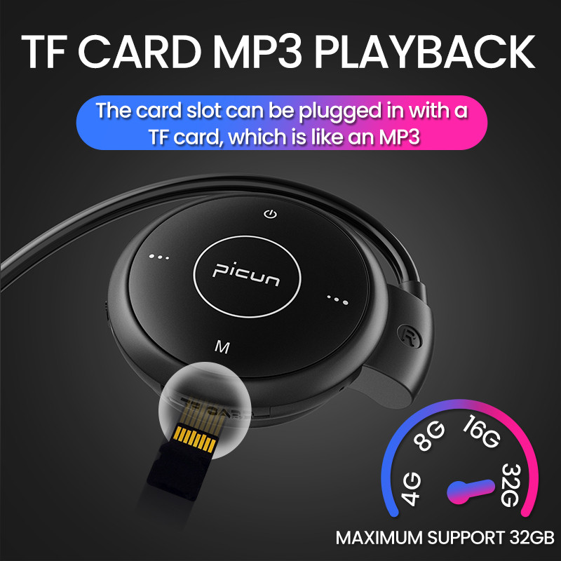 Picun T6 Sports Bluetooth ausinių ausinių kabliukas belaidis vandeniui atsparus MP3 triukšmą mažinančios ausinės, palaikančios TF kortelės ausines