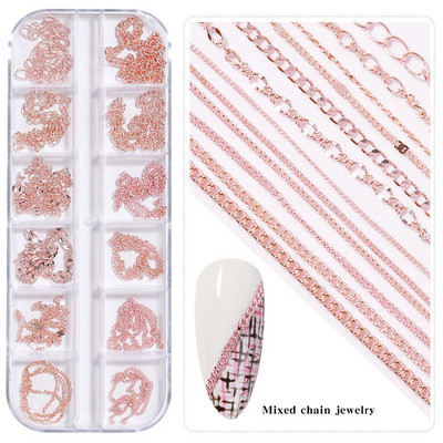 12 rešetki Punk mješoviti metalni lanci Zakovice Ukrasi za nokte Rhinestones Perle od legure Nokti Privjesci Nakit Dodaci za 3D manikuru