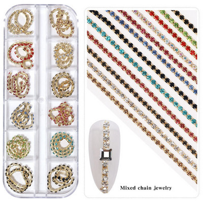 12 rešetki Punk mješoviti metalni lanci Zakovice Ukrasi za nokte Rhinestones Perle od legure Nokti Privjesci Nakit Dodaci za 3D manikuru