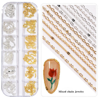 12 rešetki Punk mješoviti metalni lanci Zakovice Ukrasi za nokte Rhinestones Perle od legure Nokti Privjesci Nakit Dodaci za 3D manikuru