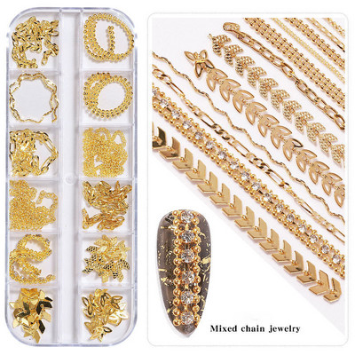 12 rešetki Punk mješoviti metalni lanci Zakovice Ukrasi za nokte Rhinestones Perle od legure Nokti Privjesci Nakit Dodaci za 3D manikuru