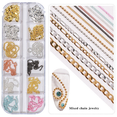 12 rešetki Punk mješoviti metalni lanci Zakovice Ukrasi za nokte Rhinestones Perle od legure Nokti Privjesci Nakit Dodaci za 3D manikuru