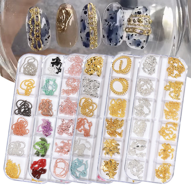 12 rešetki Punk mješoviti metalni lanci Zakovice Ukrasi za nokte Rhinestones Perle od legure Nokti Privjesci Nakit Dodaci za 3D manikuru