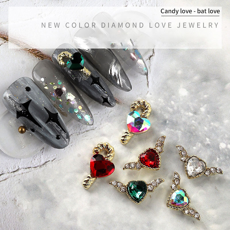 10kom Krila šišmiša Valentinovo Srce od kamenčića Privjesci za nokte 3D Ukrasi za nokte od legure kristala Metalni štapić Dodaci za štapove