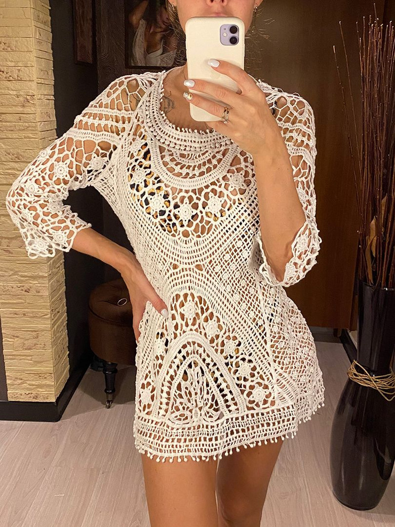 2022 Sexy dantela neagră croșetat tricotat fără spate tunică plajă acoperire acoperire rochie plajă ținute plajă îmbrăcăminte de plajă femei femei V367